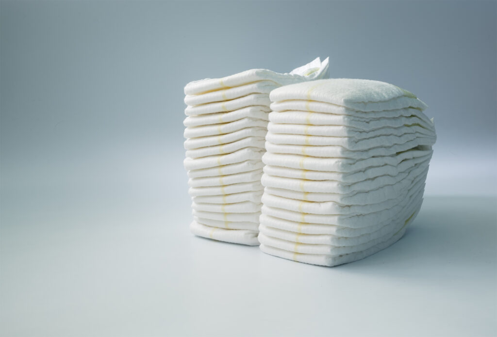 Diapers stacked in a piles in the child room